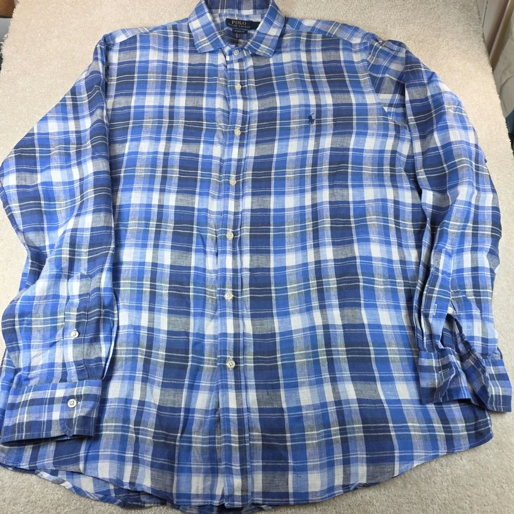 Polo Ralph Lauren Button Down Mens XL Blue White Plaid 100% Linen Classic Fit